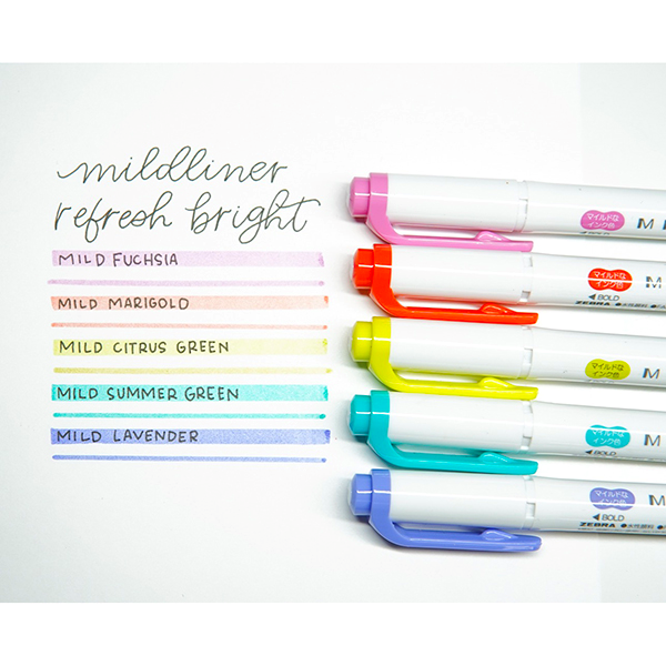 Zebra Mildliner Double Ended Brush Pens - Set of 5, Refresh Colors 